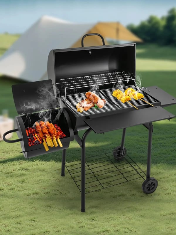 Udendørs kulgrill - Vognmodel BBQ - Med låg - Brændsel: kul - Forkromet grillrist 39×34 cm - 147×70×126 cm - Sort