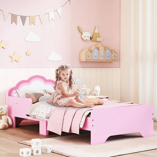 Barnsäng - Juniorsäng - 143×74×55 cm - Fallskydd - Molnformad Sänggavel - MDF & Plywood - Enkel Montering - Rosa