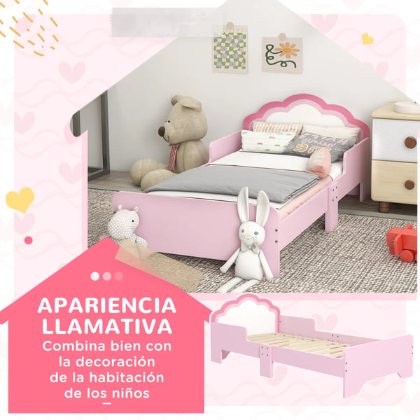 Barnsäng - Juniorsäng - 143×74×55 cm - Fallskydd - Molnformad Sänggavel - MDF & Plywood - Enkel Montering - Rosa