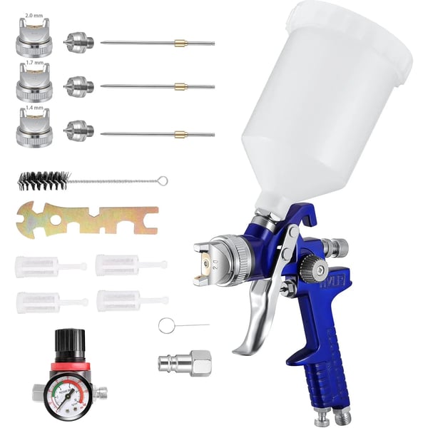 HVLP färgspruta - Sprutpistol - Tryckmatad - 600 ml Behållare - Lufttrycksregulator - Flödesreglage - Finfördelning - Blå