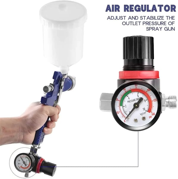 HVLP malersprøjte - Sprøjtepistol - Trykfødet - 600 ml Beholder - Lufttryksregulator - Flowkontrol - Finforstøvning - Blå
