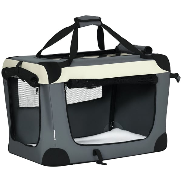 Husdjurstransport - Transportväska/bur för hund & katt - Fällbar - Med kudde - Stålram & oxfordtyg - 60×41×41 cm - Grå