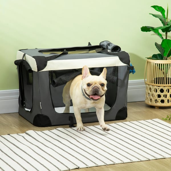 Husdjurstransport - Transportväska/bur för hund & katt - Fällbar - Med kudde - Stålram & oxfordtyg - 60×41×41 cm - Grå