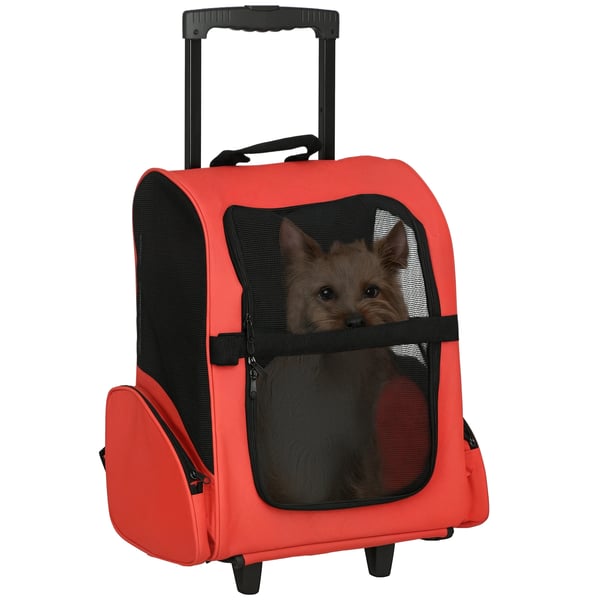 Transportväska för hund och katt - Ryggsäck och vagn 2‑i‑1 - Oxfordtyg - Stål- och aluminiumram - Storlek 42×25×55 cm - Röd