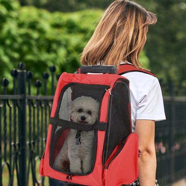 Transportväska för hund och katt - Ryggsäck och vagn 2‑i‑1 - Oxfordtyg - Stål- och aluminiumram - Storlek 42×25×55 cm - Röd