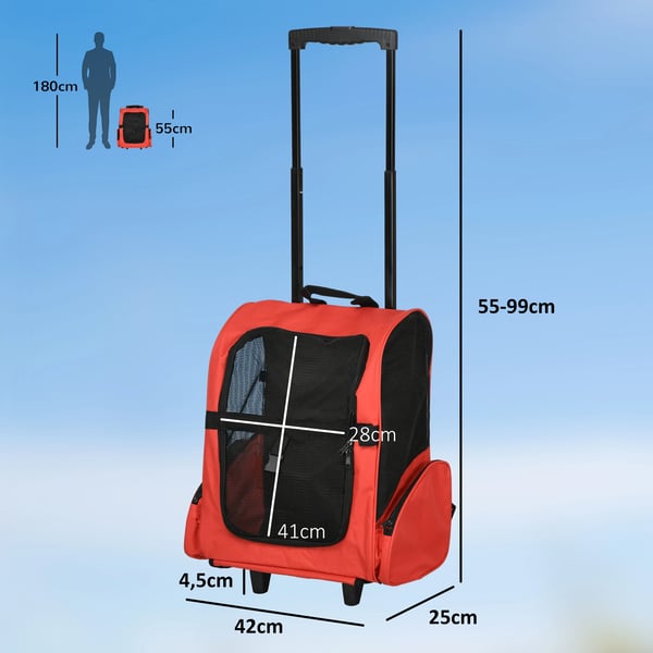 Transportväska för hund och katt - Ryggsäck och vagn 2‑i‑1 - Oxfordtyg - Stål- och aluminiumram - Storlek 42×25×55 cm - Röd