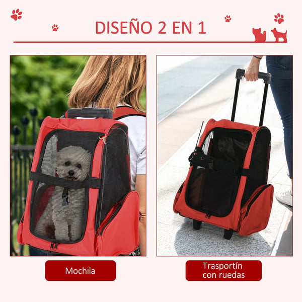 Transportväska för hund och katt - Ryggsäck och vagn 2‑i‑1 - Oxfordtyg - Stål- och aluminiumram - Storlek 42×25×55 cm - Röd