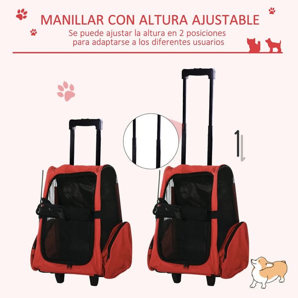 Transportväska för hund och katt - Ryggsäck och vagn 2‑i‑1 - Oxfordtyg - Stål- och aluminiumram - Storlek 42×25×55 cm - Röd
