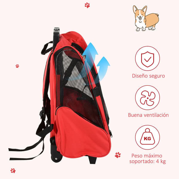 Transportväska för hund och katt - Ryggsäck och vagn 2‑i‑1 - Oxfordtyg - Stål- och aluminiumram - Storlek 42×25×55 cm - Röd