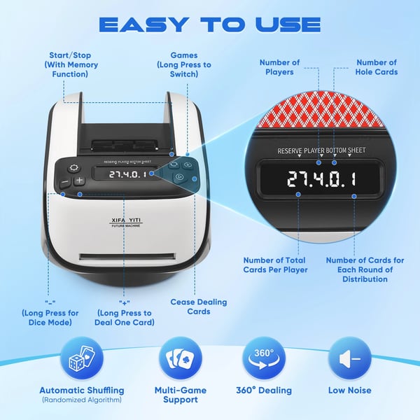 Kortblander & kortdispenser - 2‑i‑1 automatisk - 360° roterende - 4 knapper - Størrelse L - Til poker - Plast - Mælkehvid