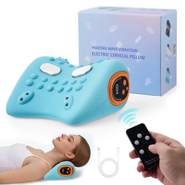 Elektrisk nackmassagekudde - 3-i-1 Shiatsu-kudde - EMS - Värme & Vibration - Justerbar för Nacke, Axel & Rygg - DC-Ström - Bomull & ABS - Blå