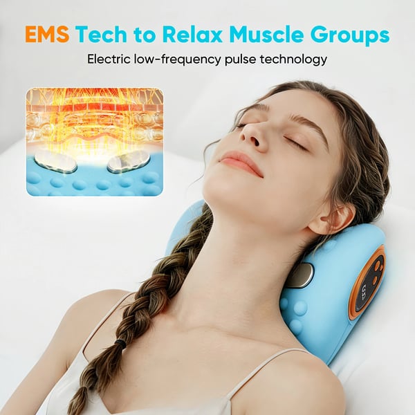 Elektrisk nakkemassagepude - 3-i-1 Shiatsu-pude - EMS - Varme & Vibration - Justerbar til Nakke, Skulder & Ryg - DC-Strøm - Bomuld & ABS - Blå