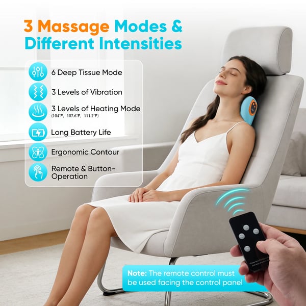 Elektrisk nakkemassagepude - 3-i-1 Shiatsu-pude - EMS - Varme & Vibration - Justerbar til Nakke, Skulder & Ryg - DC-Strøm - Bomuld & ABS - Blå
