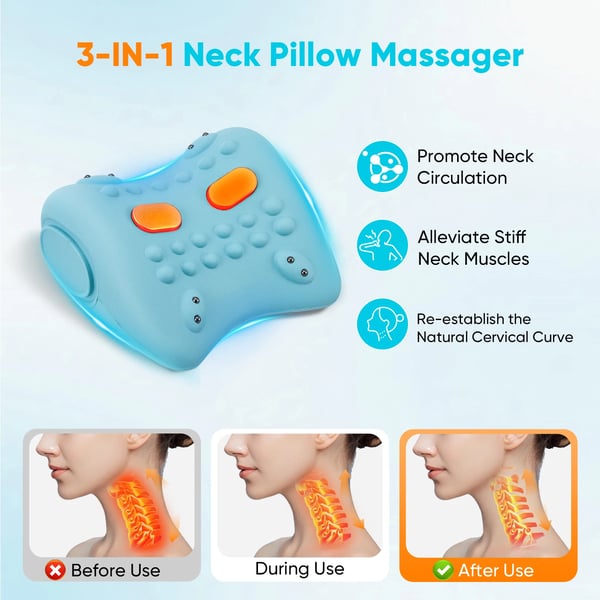 Elektrisk nakkemassagepude - 3-i-1 Shiatsu-pude - EMS - Varme & Vibration - Justerbar til Nakke, Skulder & Ryg - DC-Strøm - Bomuld & ABS - Blå