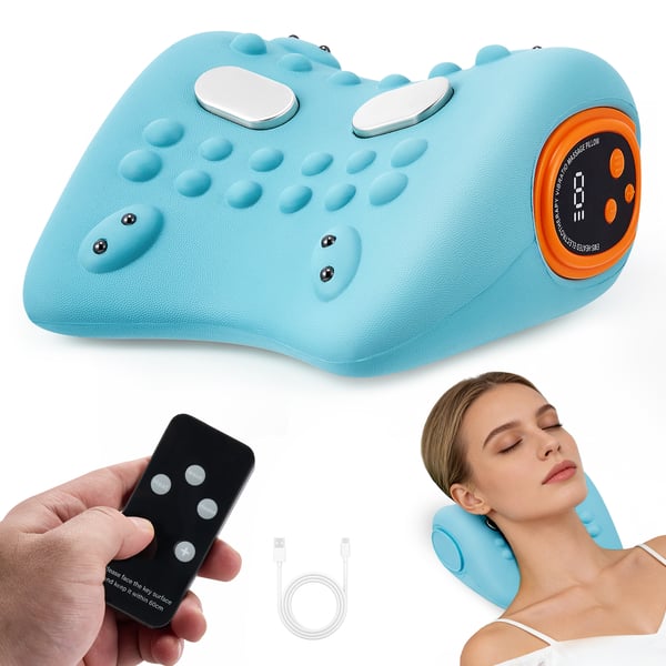 Elektrisk nakkemassagepude - 3-i-1 Shiatsu-pude - EMS - Varme & Vibration - Justerbar til Nakke, Skulder & Ryg - DC-Strøm - Bomuld & ABS - Blå