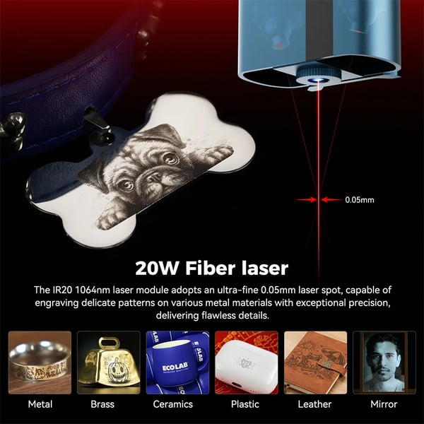 Lasergravermodulkit - IR20 Fiberlaser 20 W - Infrarød - Punkt 0,05 mm - Wi‑Fi - Kompatibel med S6/S6 Pro/S9/S9 Pro/S10 - Grøn
