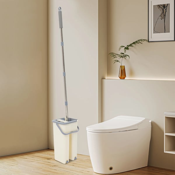 Fladmop med spand - Rengøringssæt - Til gulv og loft - Langt skaft - Rustfrit stålskaft - Fiberhoved - 10 Moppeklude - Plastspand - Beige