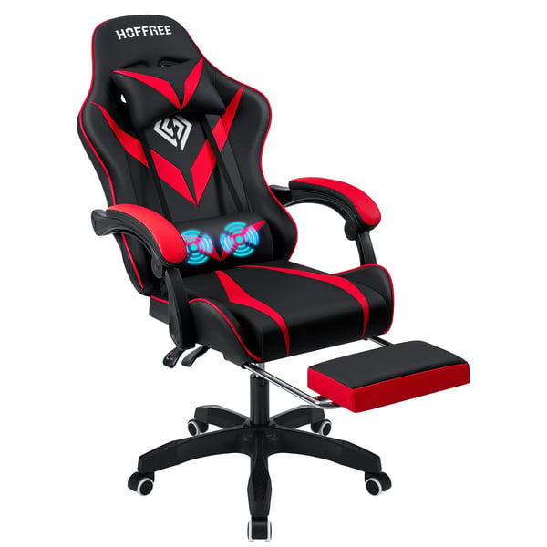 Gamingstol - Ergonomisk kontorstol - Max 180 kg - Massage lændestøtte - Tiltbart ryglæn - Fodstøtte - Justerbare armlæn - Syntetisk læder - Rød/sort