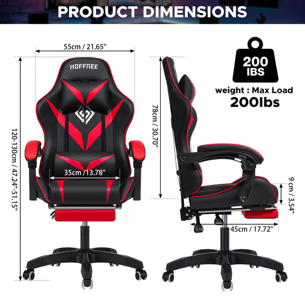 Gamingstol - Ergonomisk kontorstol - Max 180 kg - Massage lændestøtte - Tiltbart ryglæn - Fodstøtte - Justerbare armlæn - Syntetisk læder - Rød/sort