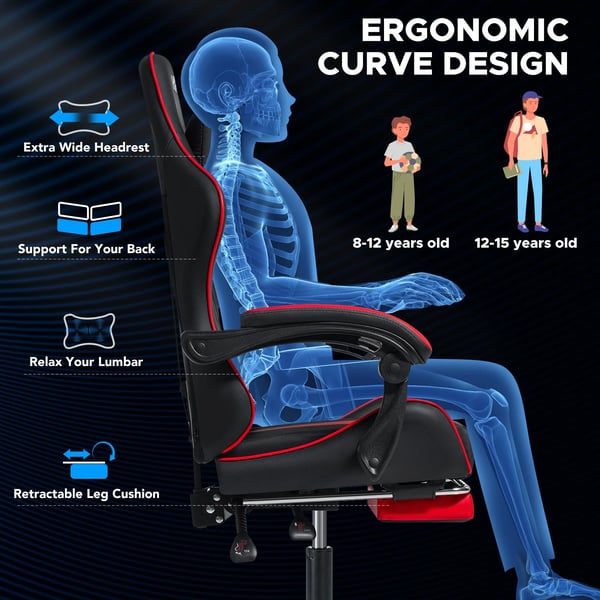 Gamingstol - Ergonomisk kontorstol - Max 180 kg - Massage lændestøtte - Tiltbart ryglæn - Fodstøtte - Justerbare armlæn - Syntetisk læder - Rød/sort