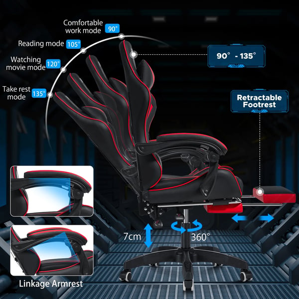 Gamingstol - Ergonomisk kontorstol - Max 180 kg - Massage lændestøtte - Tiltbart ryglæn - Fodstøtte - Justerbare armlæn - Syntetisk læder - Rød/sort
