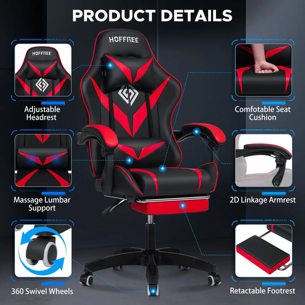 Gamingstol - Ergonomisk kontorstol - Max 180 kg - Massage lændestøtte - Tiltbart ryglæn - Fodstøtte - Justerbare armlæn - Syntetisk læder - Rød/sort