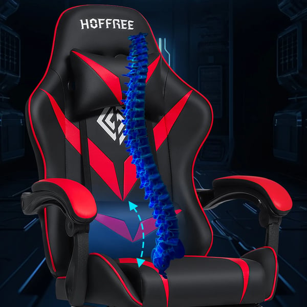 Gamingstol - Ergonomisk kontorstol - Max 180 kg - Massage lændestøtte - Tiltbart ryglæn - Fodstøtte - Justerbare armlæn - Syntetisk læder - Rød/sort