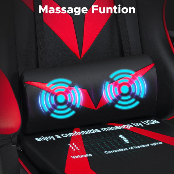 Gamingstol - Ergonomisk kontorstol - Max 180 kg - Massage lændestøtte - Tiltbart ryglæn - Fodstøtte - Justerbare armlæn - Syntetisk læder - Rød/sort