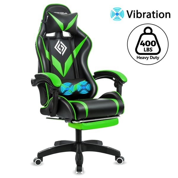 Gamingstol - Ergonomisk computerstol - Massage, Fodstøtte, Lændestøtte, Liggefunktion, Justerbare armlæn, Max 180 kg - Grøn/sort