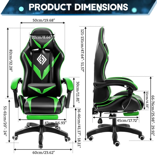 Gamingstol - Ergonomisk computerstol - Massage, Fodstøtte, Lændestøtte, Liggefunktion, Justerbare armlæn, Max 180 kg - Grøn/sort