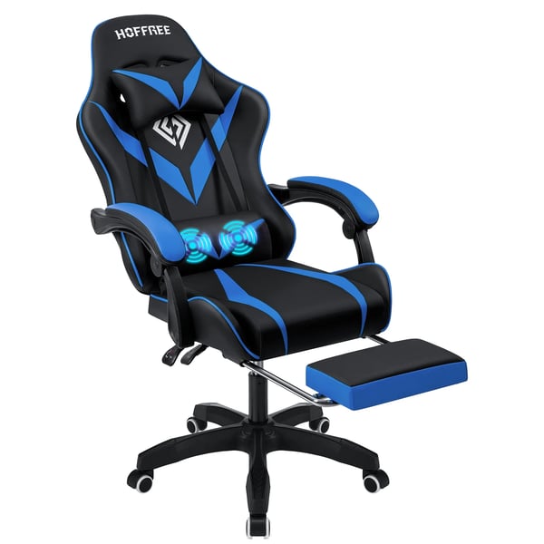 Gamingstol - Ergonomisk datorstol - Max 181 kg - Massage - Fotstöd - Ländstöd - Fällbar - Blå/Svart