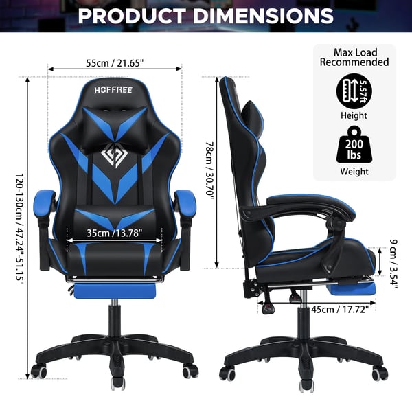 Gamingstol - Ergonomisk kontorstol - Maks 181 kg - Massage - Udtrækkelig fodstøtte - Lændestøtte - Tiltbar - Blå/Sort