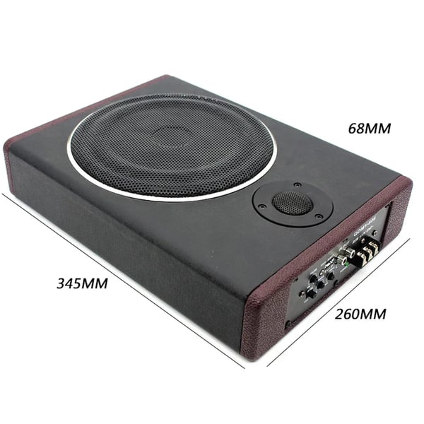Aktiv bilsubwoofer - Ultratynd basboks under sædet - 600 W maks, 200 W RMS - 12 V - Kompakt 34,5×26×6,8 cm - Sort