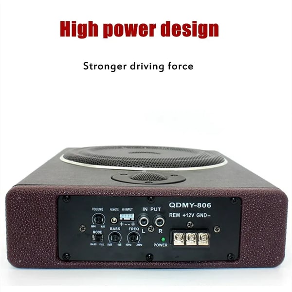 Aktiv bilsubwoofer - Ultratynd basboks under sædet - 600 W maks, 200 W RMS - 12 V - Kompakt 34,5×26×6,8 cm - Sort