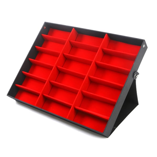 Aurinkolasien esittelylaatikko - Säilytyslaatikko - 18 Lokeroa - Kääntökansi - MDF/Puurunko - Mitat 47,5×37,5×5,5 cm - Punainen