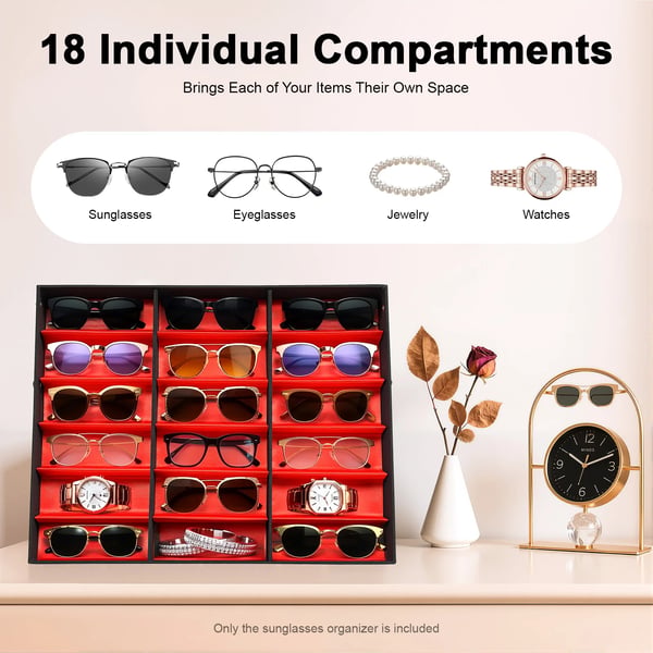 Brille displaykasse - Opbevaringskasse til solbriller - 18 Rum - Klaplåg - MDF/Træramme - Mål 47,5×37,5×5,5 cm - Rød