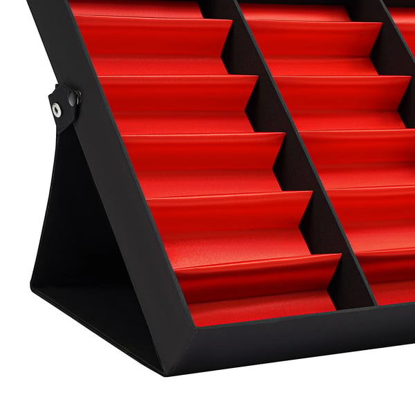 Brille displaykasse - Opbevaringskasse til solbriller - 18 Rum - Klaplåg - MDF/Træramme - Mål 47,5×37,5×5,5 cm - Rød