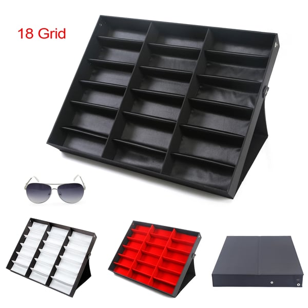 Brille displaykasse - Opbevaringskasse til solbriller - 18 Rum - Klaplåg - MDF/Træramme - Mål 47,5×37,5×5,5 cm - Rød