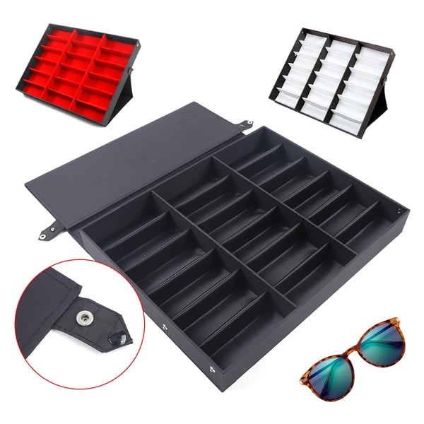 Brille displaykasse - Opbevaringskasse til solbriller - 18 Rum - Klaplåg - MDF/Træramme - Mål 47,5×37,5×5,5 cm - Rød