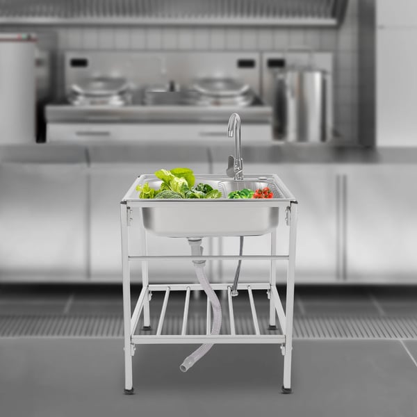 Fritstående vask - Enkelt kumme - Rustfrit stål - Med vandhane - 1 hul - Montering