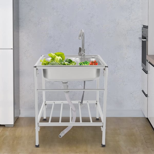 Fritstående vask - Enkelt kumme - Rustfrit stål - Med vandhane - 1 hul - Montering