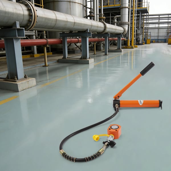 Hydraulisk flaskedonkraft - Kort model - 10 ton - Manuel pumpe 350 ml - Max 70 MPa - Slaghøjde 64 mm - Stål - Orange
