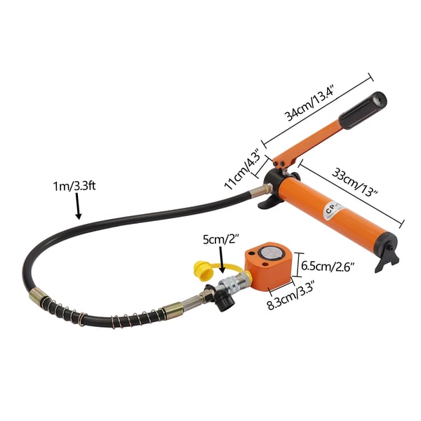 Hydraulisk flaskedonkraft - Kort model - 10 ton - Manuel pumpe 350 ml - Max 70 MPa - Slaghøjde 64 mm - Stål - Orange