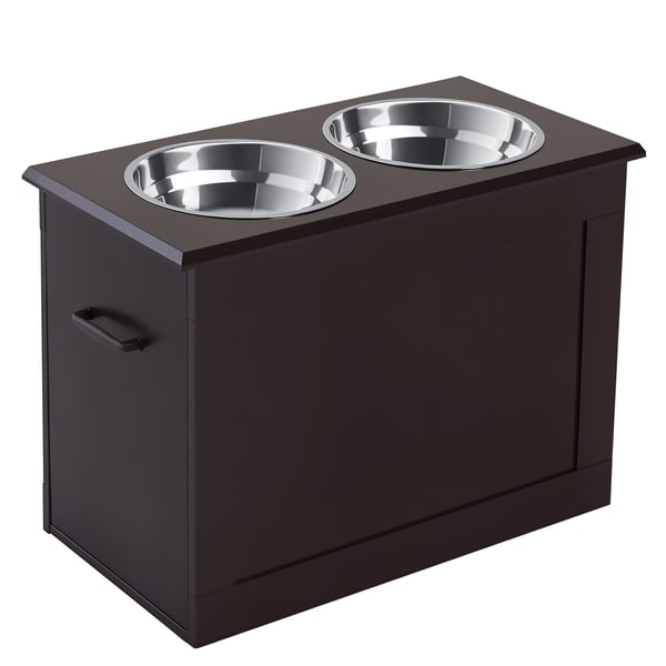 Upphöjd hundbar - Foderstation med dubbla skålar - 2x2000 ml - Rostfritt stål - Vikbart lock - Dolt förvaringsutrymme - 60x30x41 cm - Mörkbrun