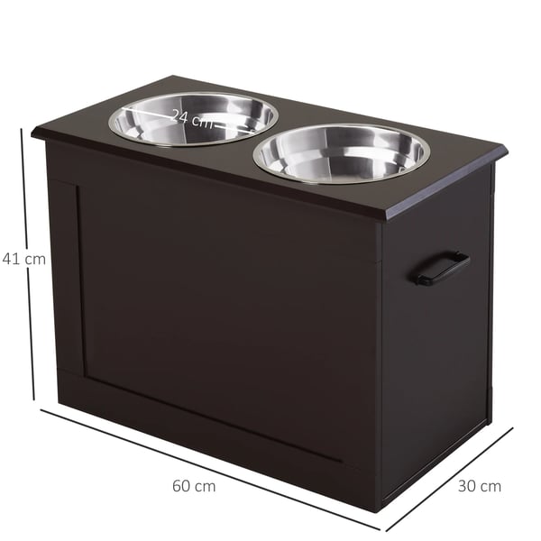 Upphöjd hundbar - Foderstation med dubbla skålar - 2x2000 ml - Rostfritt stål - Vikbart lock - Dolt förvaringsutrymme - 60x30x41 cm - Mörkbrun