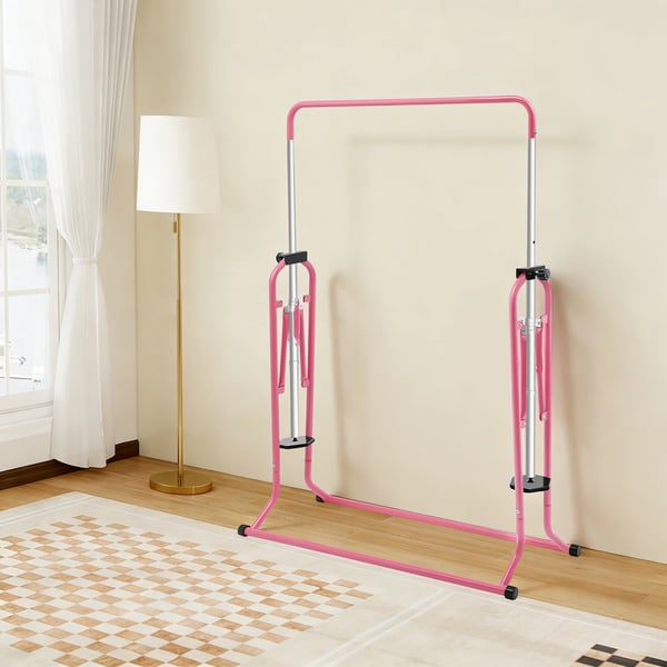 Gymnastikstang - Sammenklappeligt Fristående Stativ - Højdejusterbar 115–155 cm - Max 80 kg - Stål - Skridsikre gummifødder - Rosa