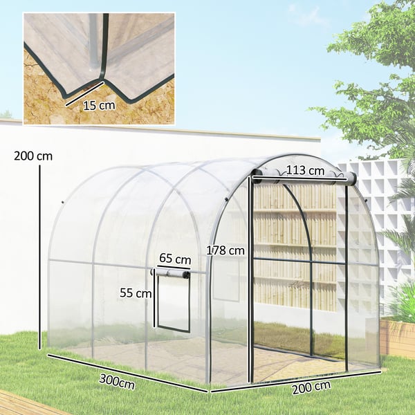 Tunnelväxthus - Trädgårdsväxthus - 3 x 2 x 2 m - Rullbar dörr - Transparenta fönster - Vattentätt - Silver