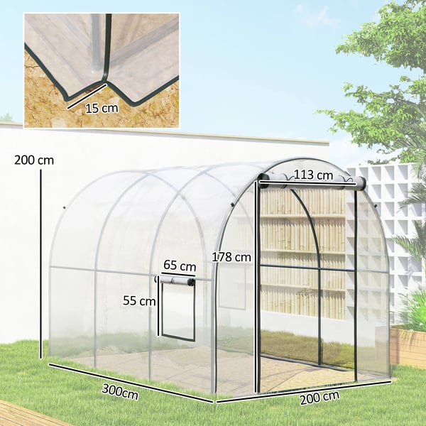 Tunnelväxthus - Trädgårdsväxthus - 3 x 2 x 2 m - Rullbar dörr - Transparenta fönster - Vattentätt - Silver