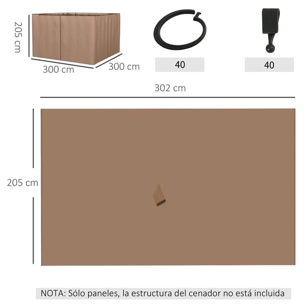 Sidoväggar för paviljong - Set med 4 Väggar - Passar 3 x 2 m paviljong - Med Krokar - Polyester - Brun