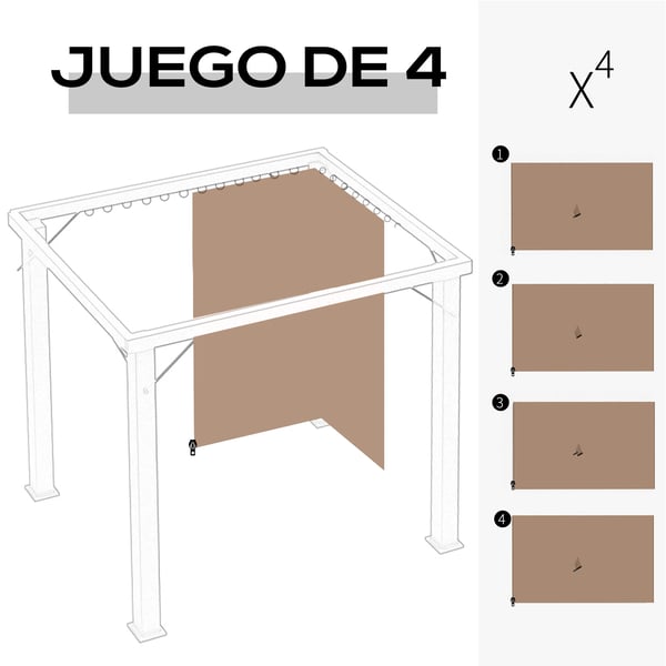 Sidoväggar för paviljong - Set med 4 Väggar - Passar 3 x 2 m paviljong - Med Krokar - Polyester - Brun